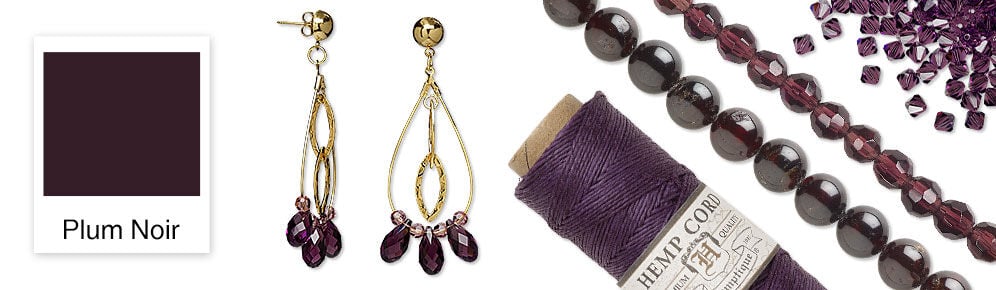 Color swatch, necklace, hemp cord and assorted beads in the Plum Noir hue.